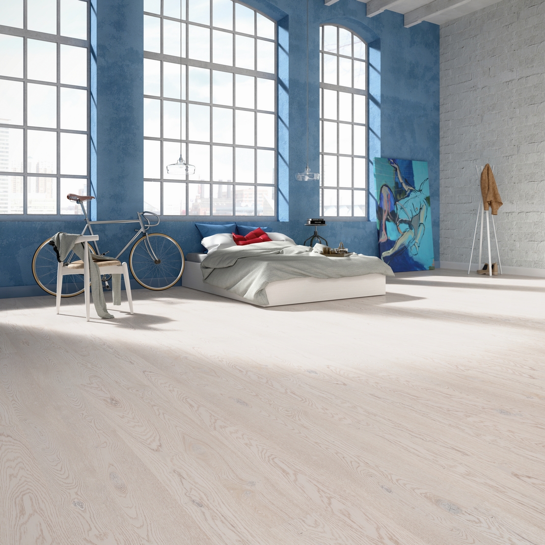 Chambre au style industriel moderne minimaliste, parquet en bois naturel blanc. - Inspirations Iperceramica