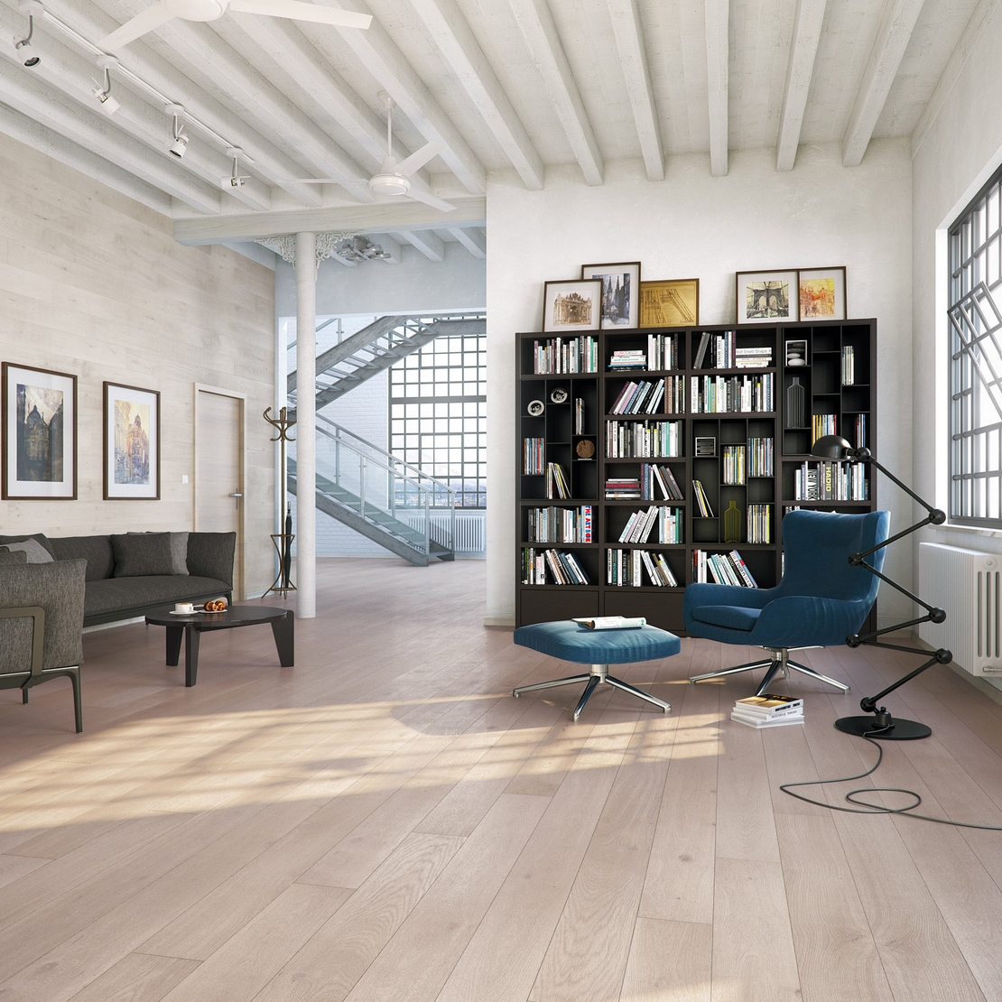 Séjour moderne loft, parquet chêne brossé blanc pour une touche élégante. - Inspirations Iperceramica