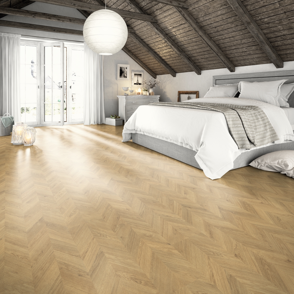 Schlafzimmer, eleganter klassischer Stil, Vintage-Laminat mit Fischgrätenmuster und Holzeffekt - Inspirationen Iperceramica