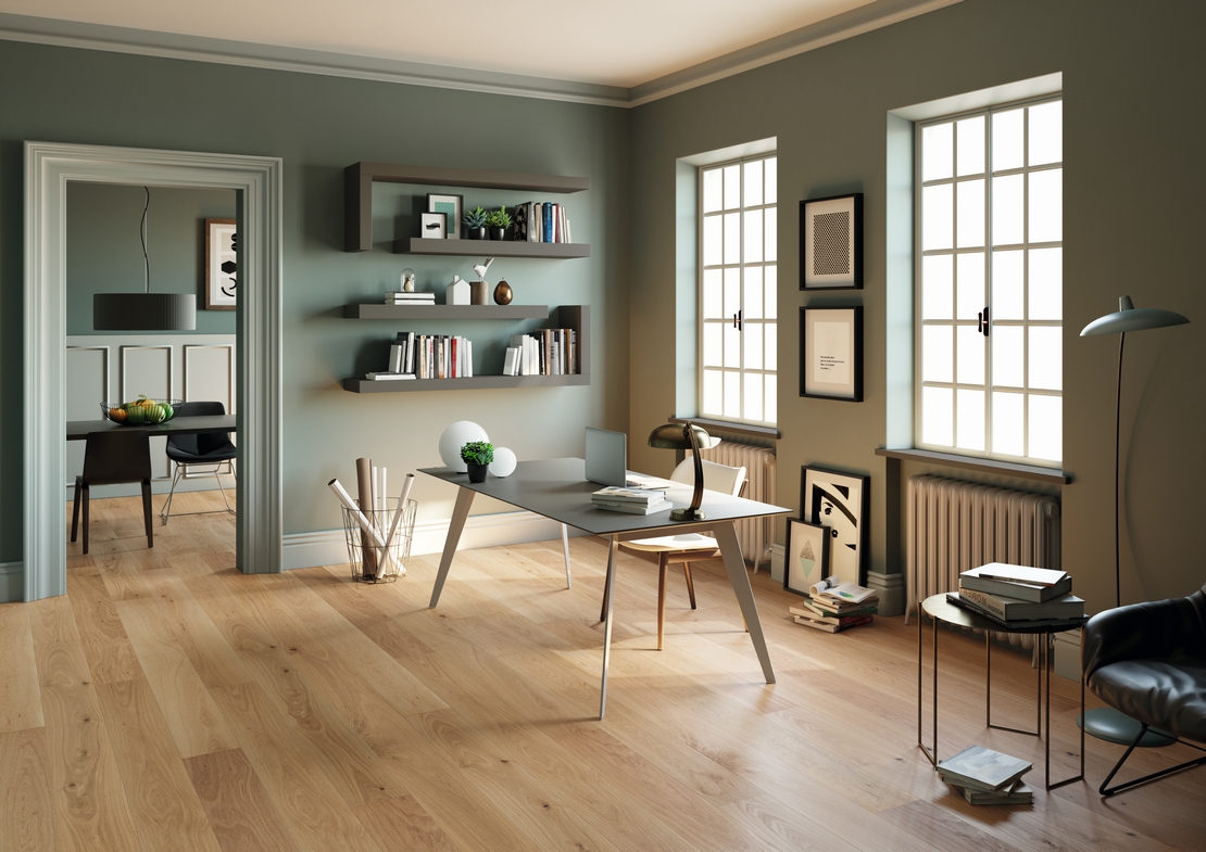 Elegantes, modernes Arbeitszimmer mit natürlichem Eichenparkett in Grautönen - Inspirationen Iperceramica