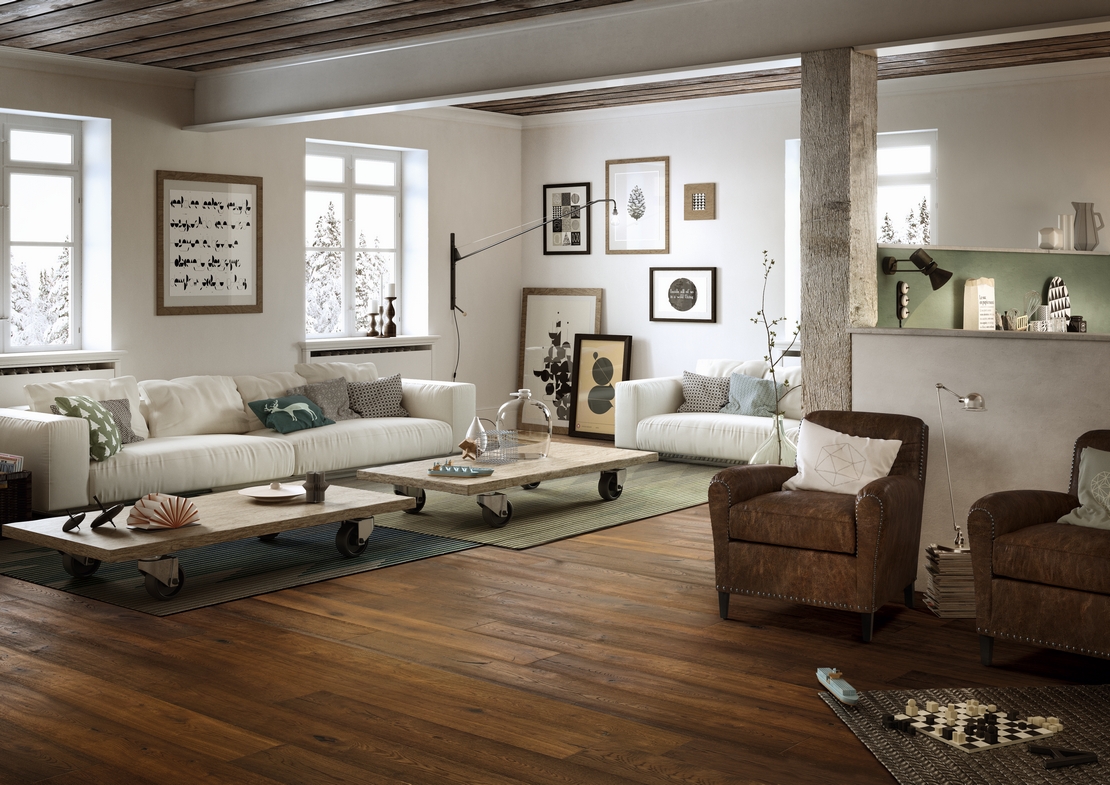 Elegant living room: dark oak parquet for a rustic touch