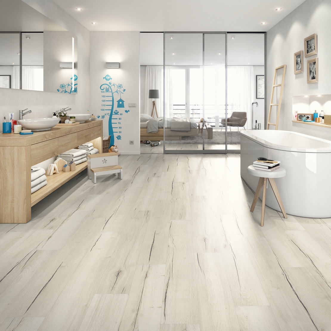 Modernes Badezimmer mit Badewanne. Weiße Holzoptik für einen schönen rustikalen Hauch - Inspirationen Iperceramica