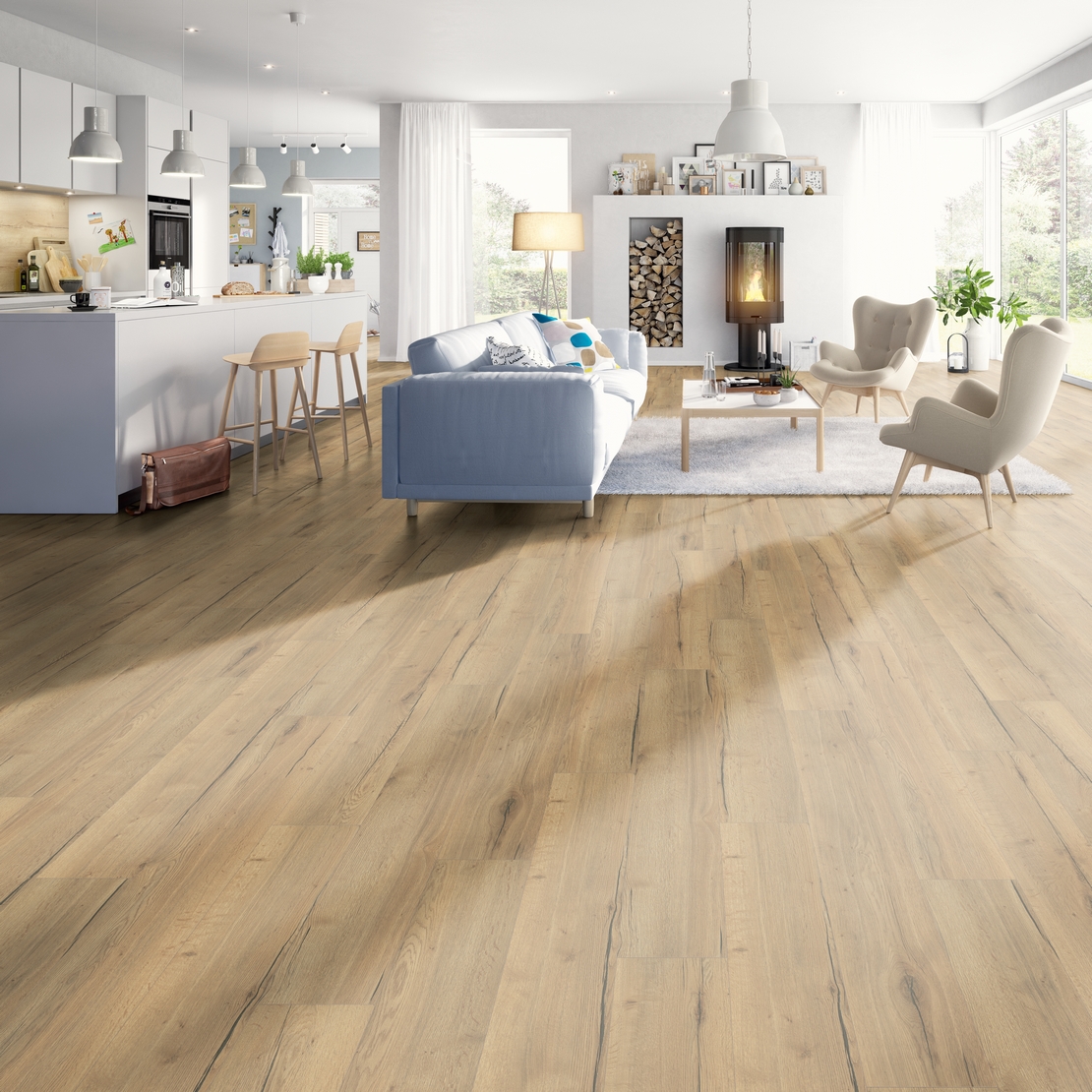 Moderne offene Küche mit Wohnzimmer in weißer Holzoptik - Inspirationen Iperceramica