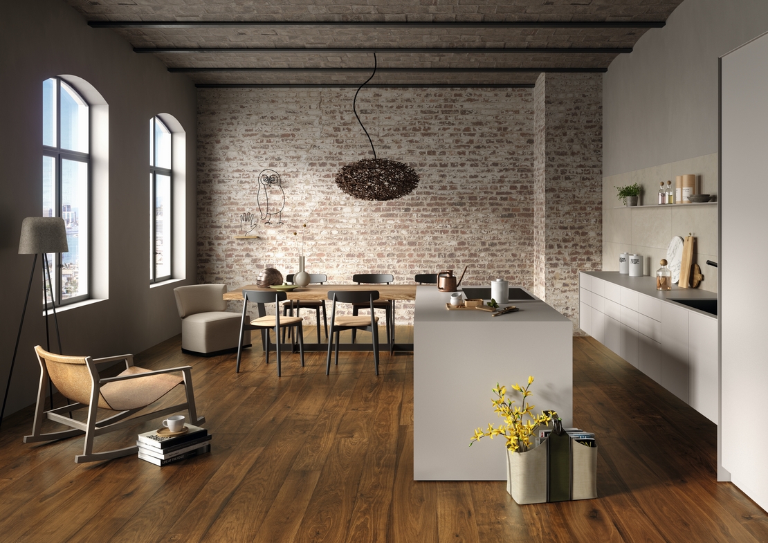 Cuisine rustique industrielle ouverte. Parquet en bois naturel et style moderne. - Inspirations Iperceramica