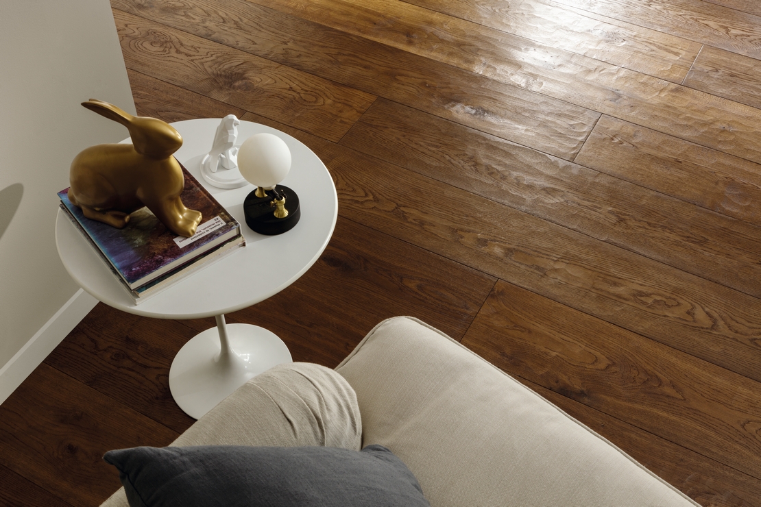 Luxury classic living room, elegant dark aged wood parquet