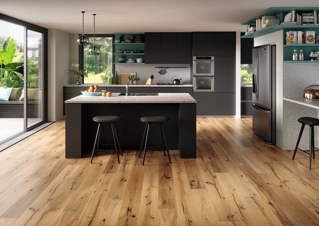 Cucina moderna con penisola legno e grigio cemento - Visma Arredo