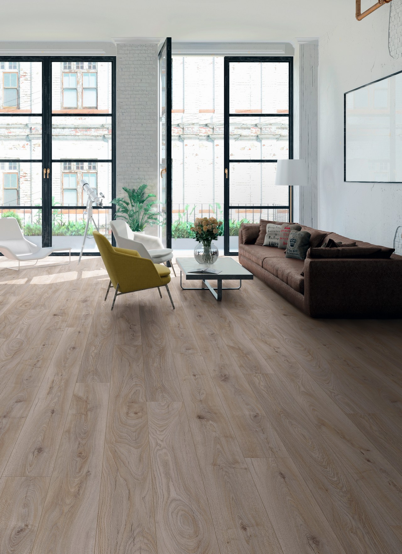 Séjour moderne avec sol stratifié imitation bois. - Inspirations Iperceramica