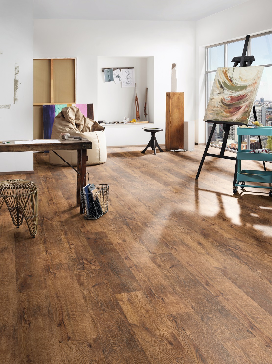 Modern living room with brown wood-effect flooring for a rustic touch