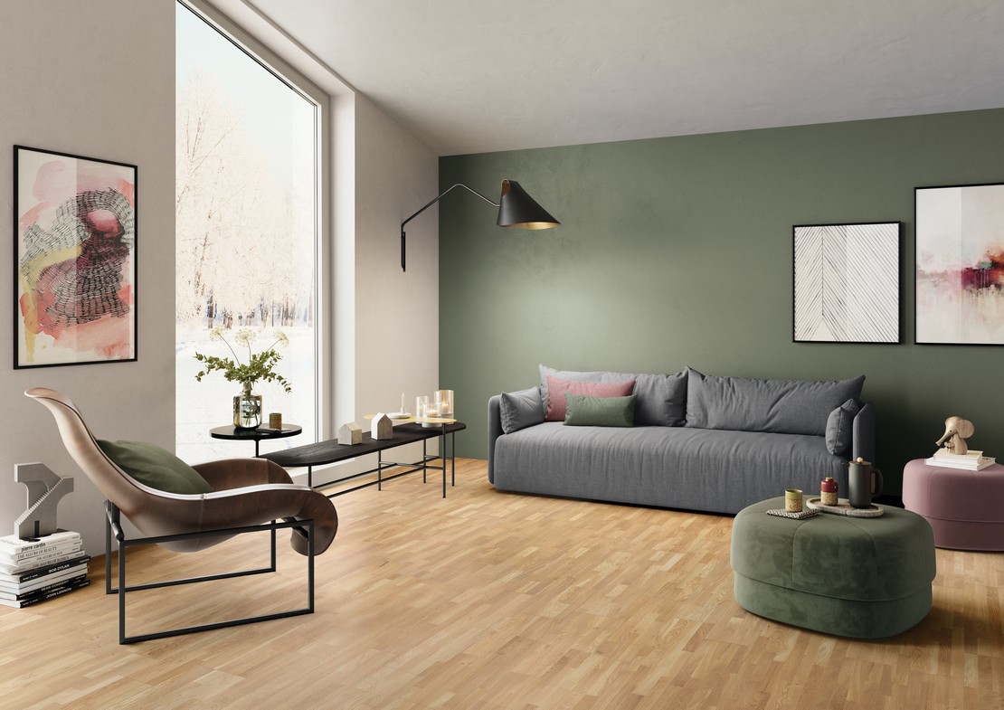 Séjour moderne et élégant dans des tons de vert avec parquet de luxe - Inspirations Iperceramica