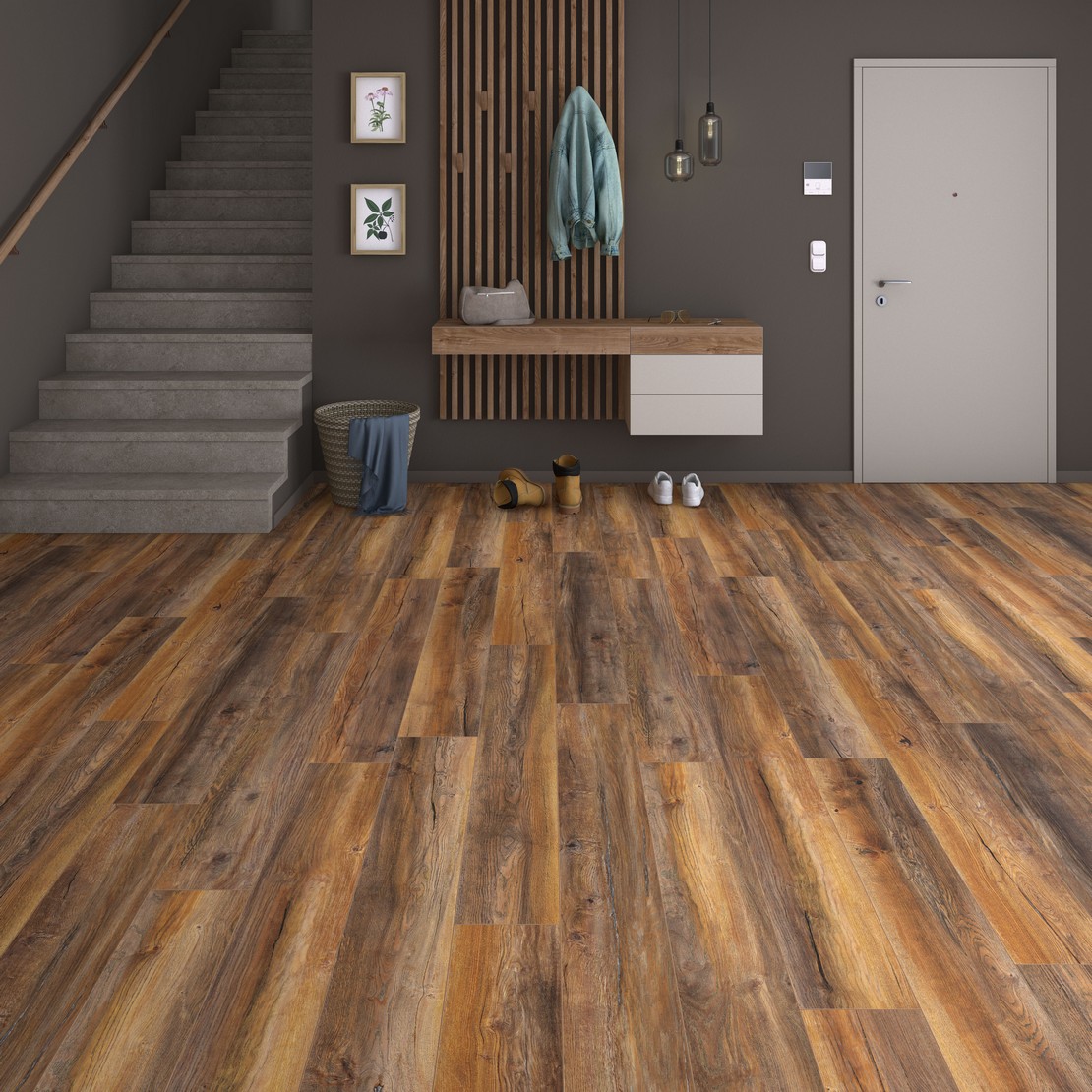 Ingresso moderno con pavimento effetto legno marrone per un tocco rustico - Ambienti Iperceramica