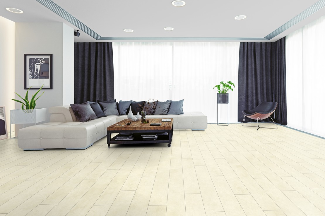 Séjour moderne avec sol imitation béton blanc pour une touche minimaliste - Inspirations Iperceramica