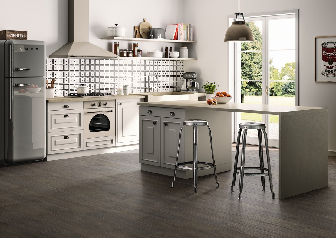 Küche im Vintage-Stil mit Insel: Holzoptik in Grau- und Weißtönen - Inspirationen Iperceramica