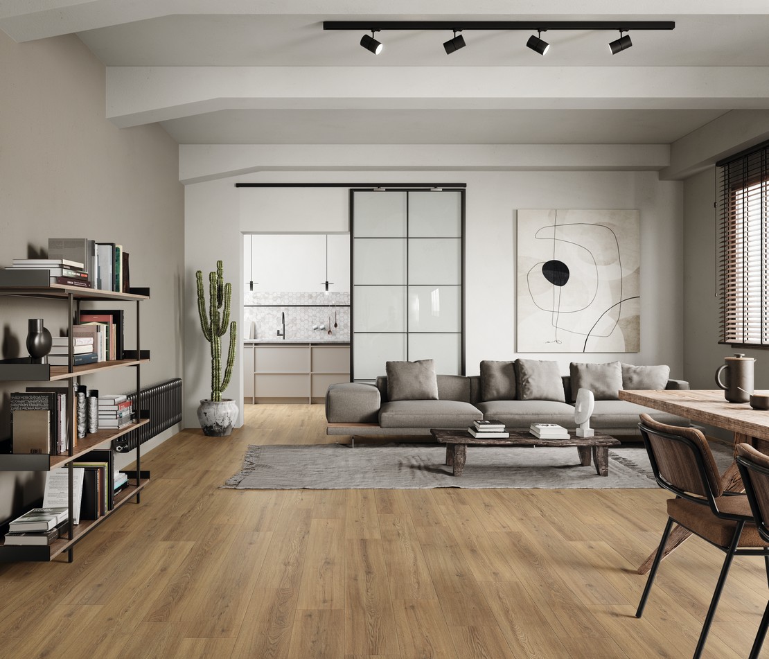 Séjour moderne, effet bois rustique - Inspirations Iperceramica