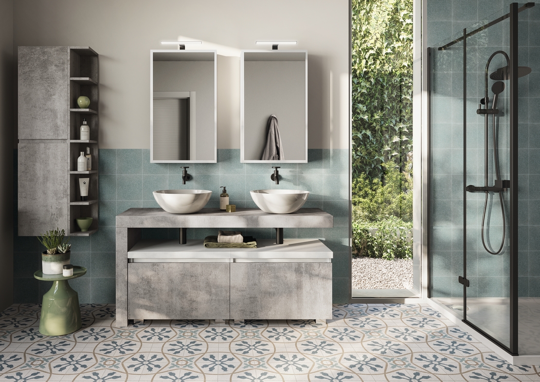 Salle de bains moderne avec douche, dans des tons de bleu. Carreaux de ciment pour une touche vintage. - Inspirations Iperceramica