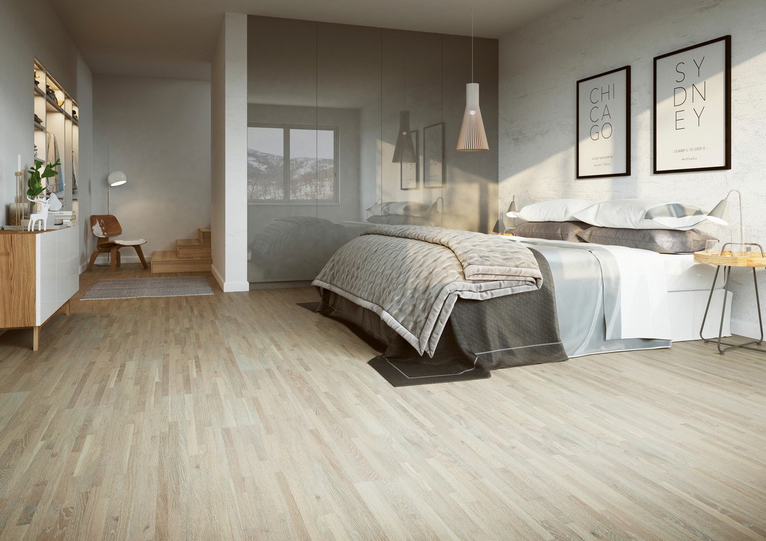 Modern bedroom with beige and white wood-effect flooring