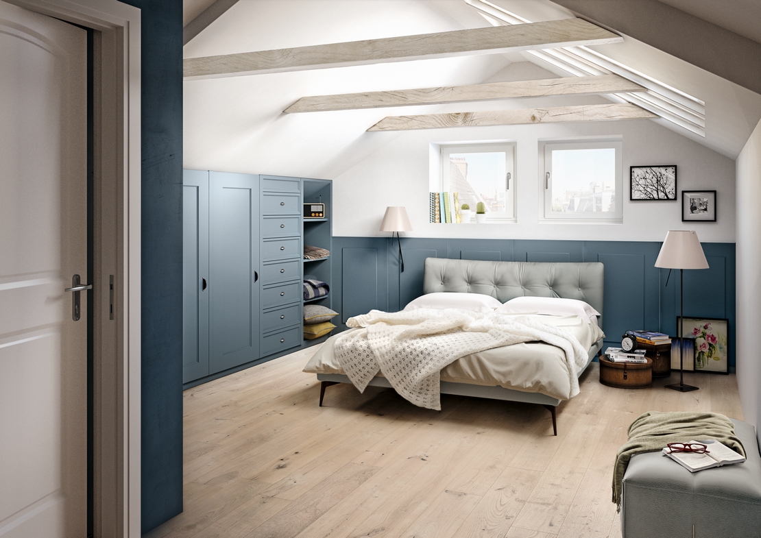 Modernes Schlafzimmer in Blau und Beige im Vintage-Stil, elegantes Naturholzparkett - Inspirationen Iperceramica