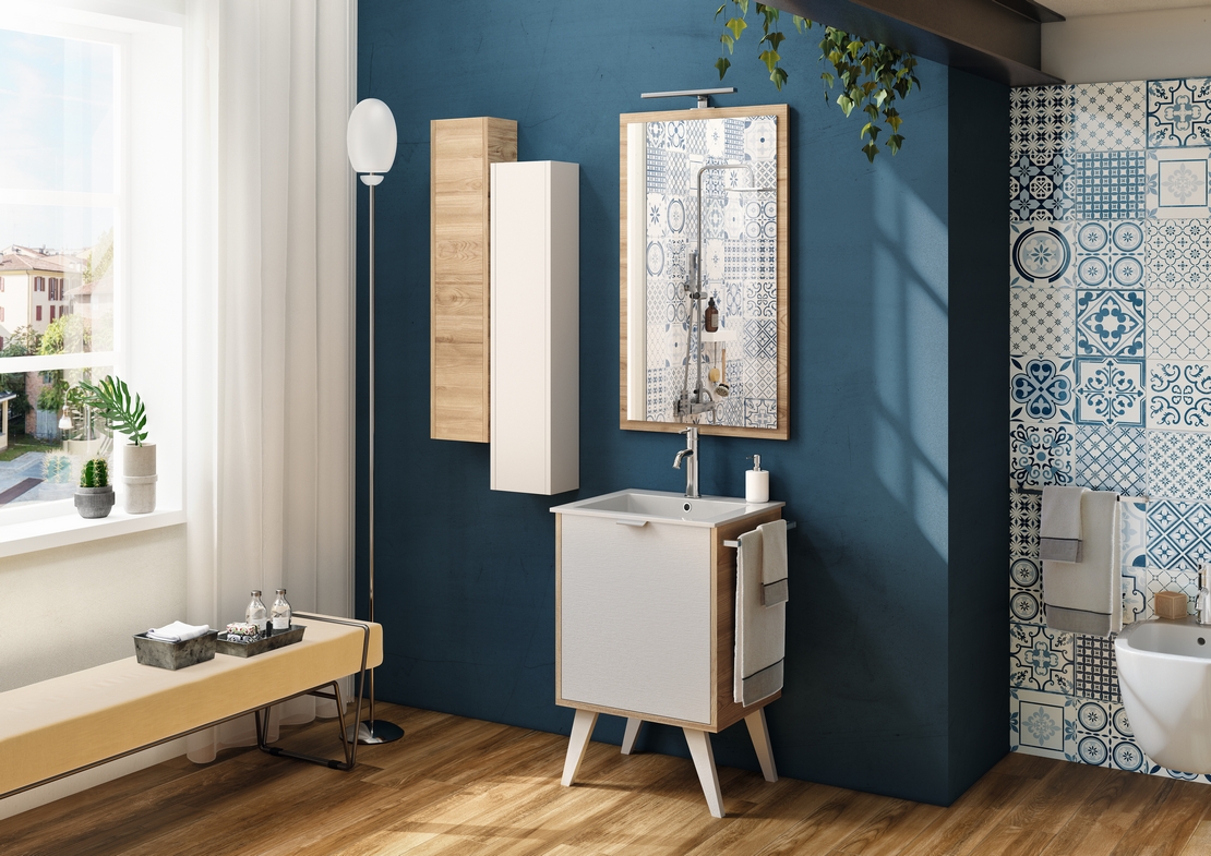 Kleines farbiges Badezimmer mit rustikaler Holzoptik und blauen Cementina-Optik Fliesen für einen Vintage Touch - Inspirationen Iperceramica