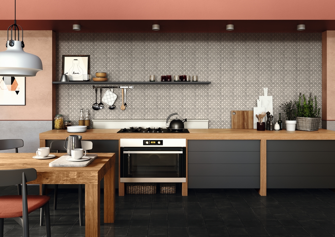Cuisine vintage rustique : effet béton, carrelage mural noir et rose pour un style unique. - Inspirations Iperceramica