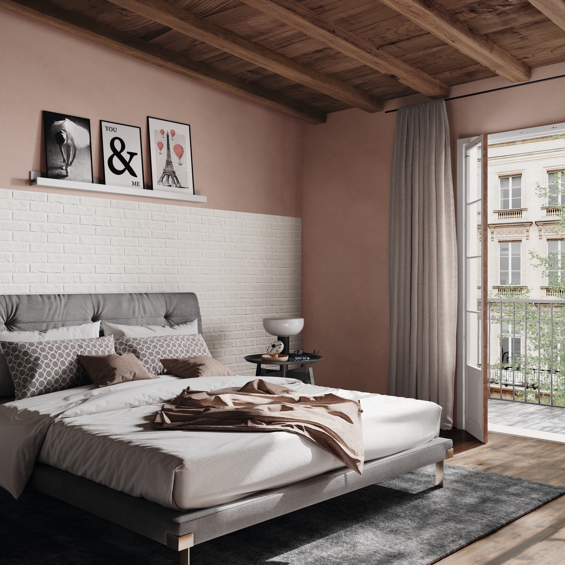 Elegant vintage bedroom in white and pink, rustic stone-effect cladding
