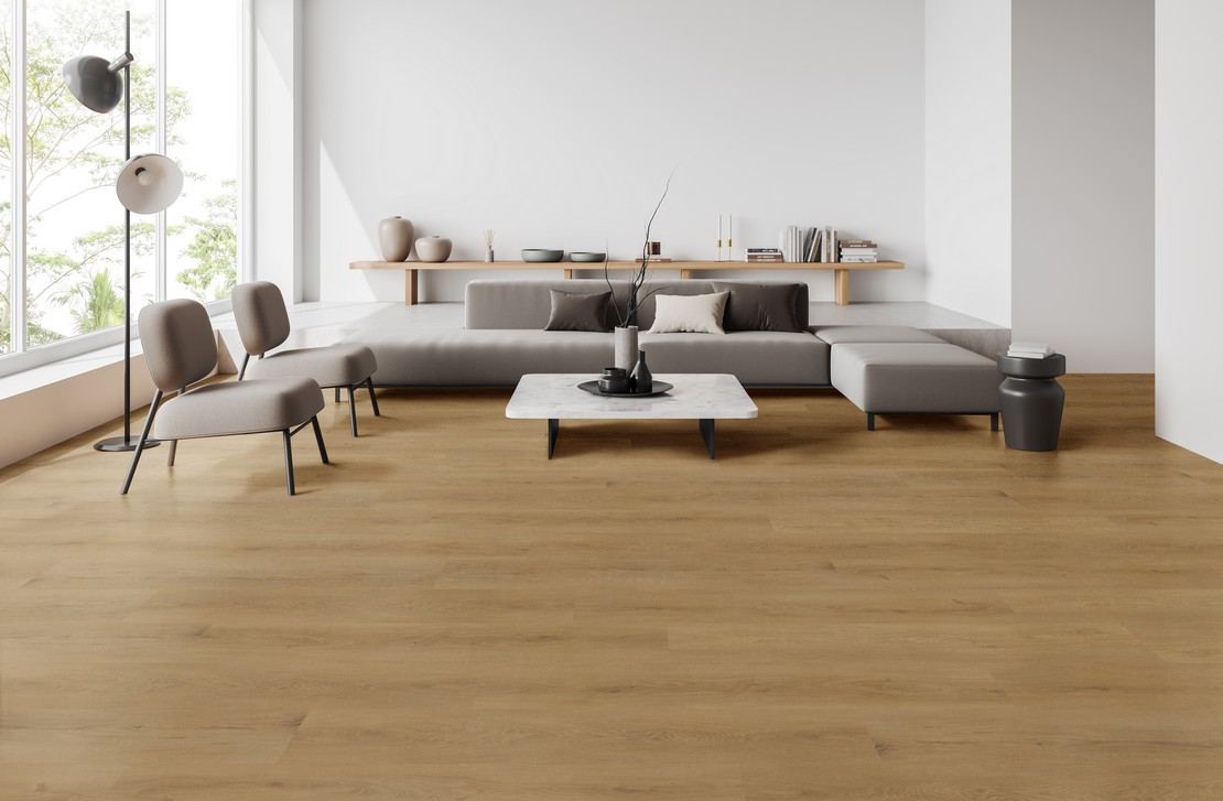 Salon moderne dans des tons clairs et sol effet bois beige - Inspirations Iperceramica
