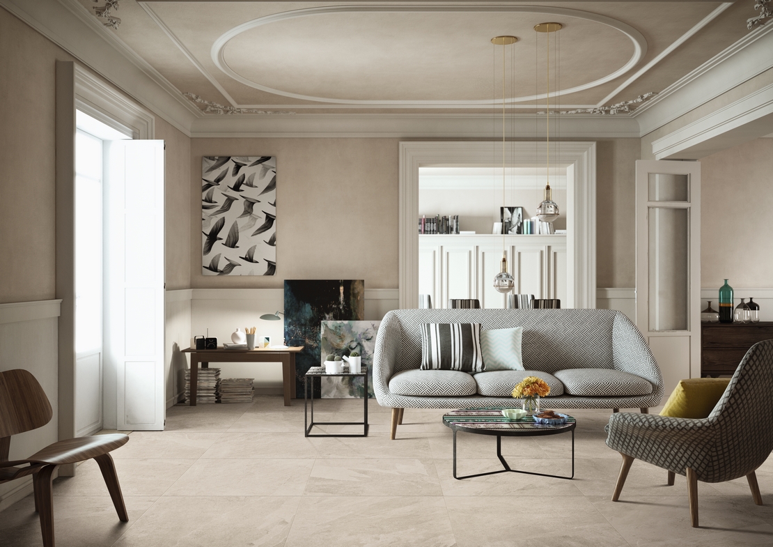 Elegantes Wohnzimmer: Luxuriöser Feinsteinzeug-Boden in weißer Steinoptik - Inspirationen Iperceramica
