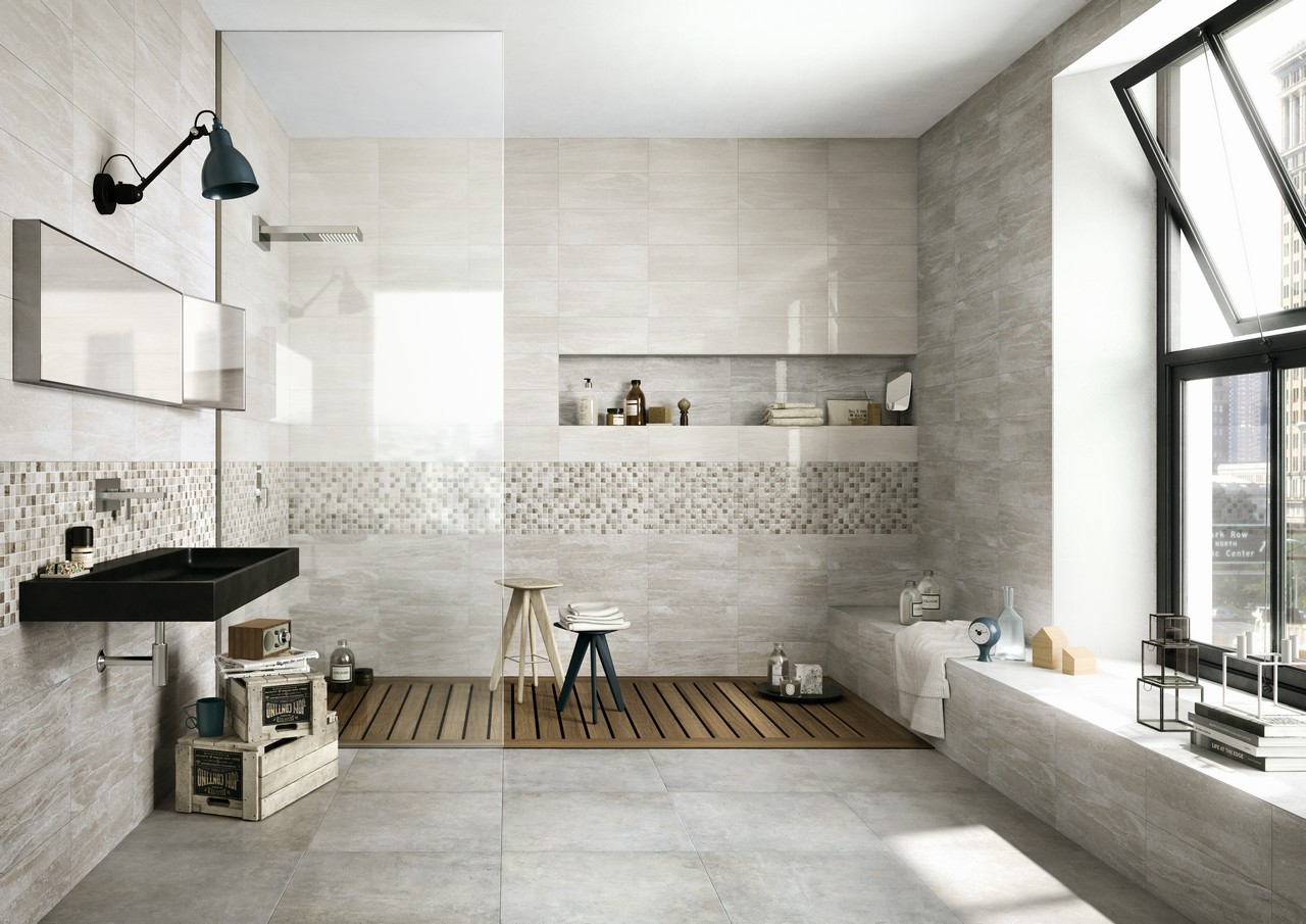 Salle de bains moderne classique ; sol effet béton et carrelage mural dans des tons de gris. - Inspirations Iperceramica