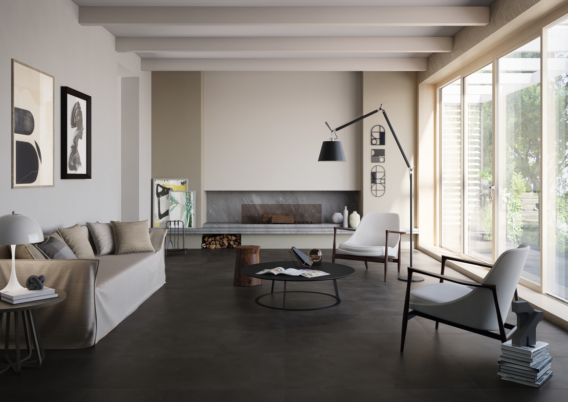 Séjour moderne minimaliste, tons de gris et sol en grès cérame effet pierre. - Inspirations Iperceramica
