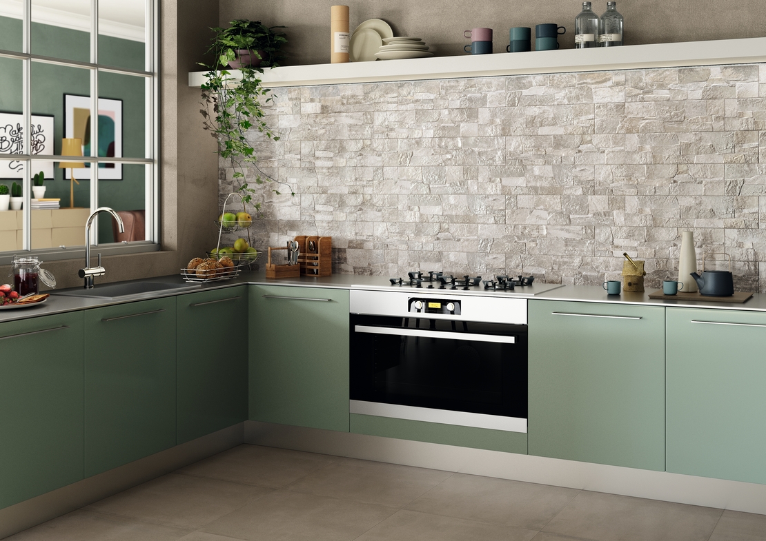 Moderne graue Eckküche: Stein- und Zementeffekt für einen rustikalen Stil - Inspirationen Iperceramica