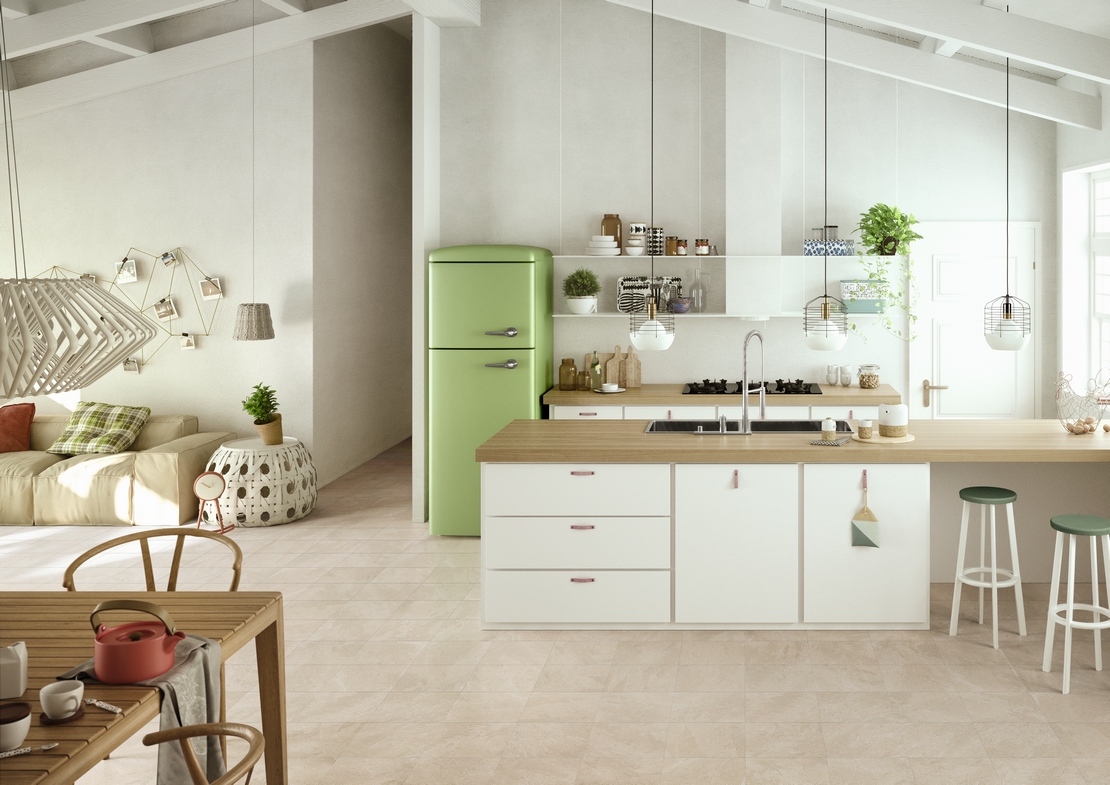 Moderne rustikale Küche mit Halbinsel: Betoneffekt und Weißtöne für einen minimalen Effekt - Inspirationen Iperceramica