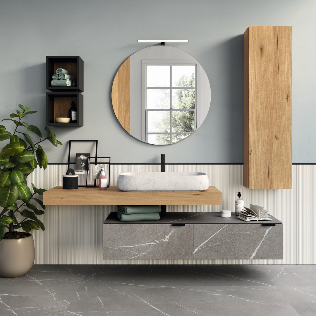Salle de bains moderne avec sol imitation pierre grise pour une touche de luxe - Inspirations Iperceramica