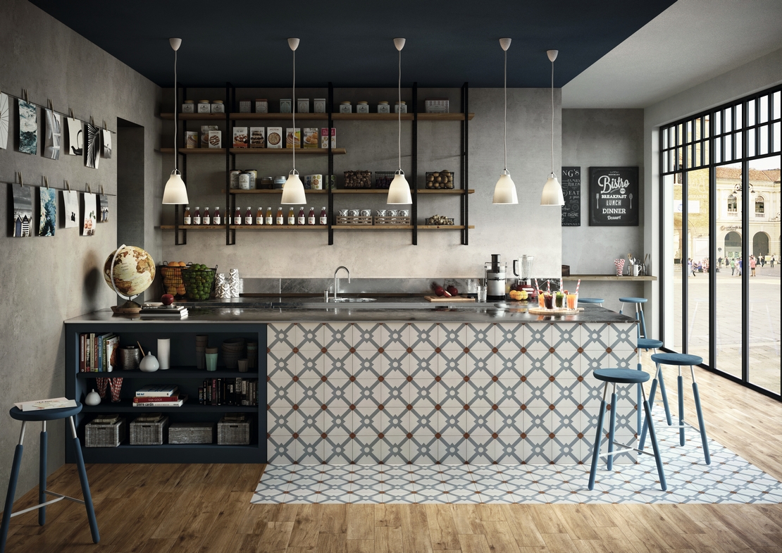 Terrasse de bar-restaurant moderne avec sol stratifié vintage industriel imitation bois effet carreau de ciment, tons de beige foncé et de vert. - Inspirations Iperceramica