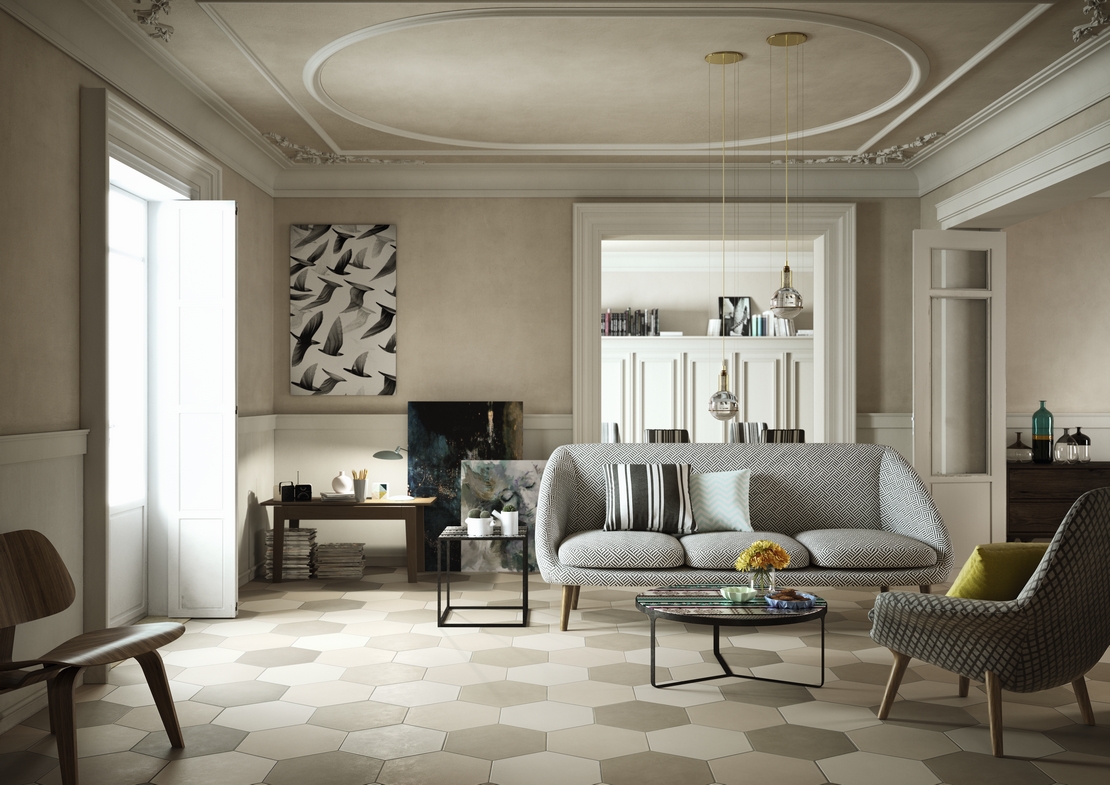 Soggiorno classico elegante, pavimento gres effetto cemento beige e bianco per un tocco vintage - Ambienti Iperceramica
