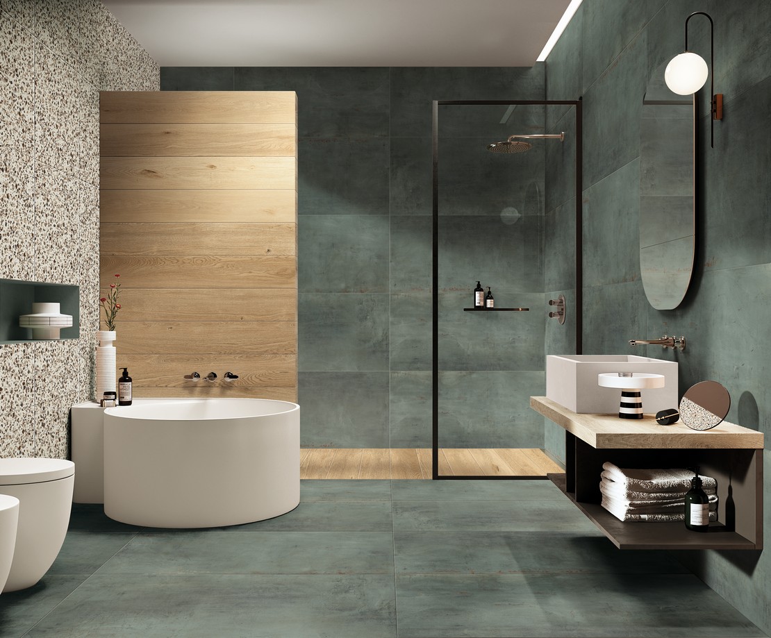 Salle de bains moderne style industriel imitation métal - Inspirations Iperceramica
