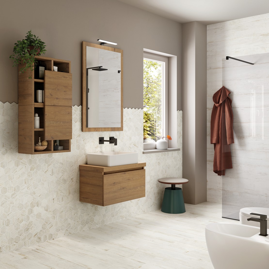 Petite salle de bains moderne avec douche et mosaïque effet bois blanc - Inspirations Iperceramica