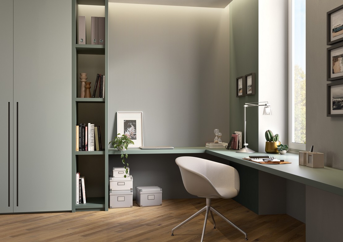 Bureau moderne avec boiseries et sol en bois - Inspirations Iperceramica