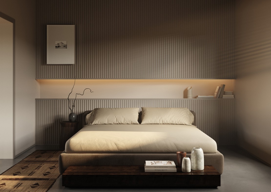 Rustikales Schlafzimmer mit Boiserie in Beigetönen - Inspirationen Iperceramica