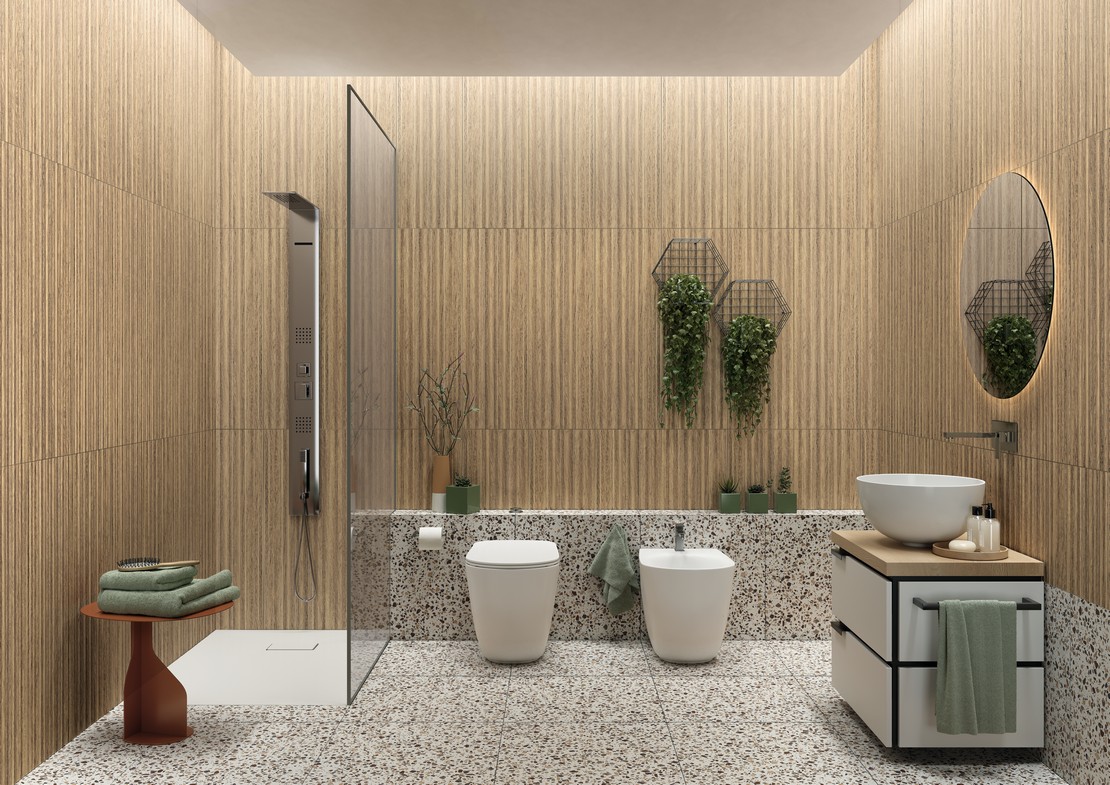 Salle de bains moderne de luxe avec douche effet bois et sol effet terrazzo - Inspirations Iperceramica