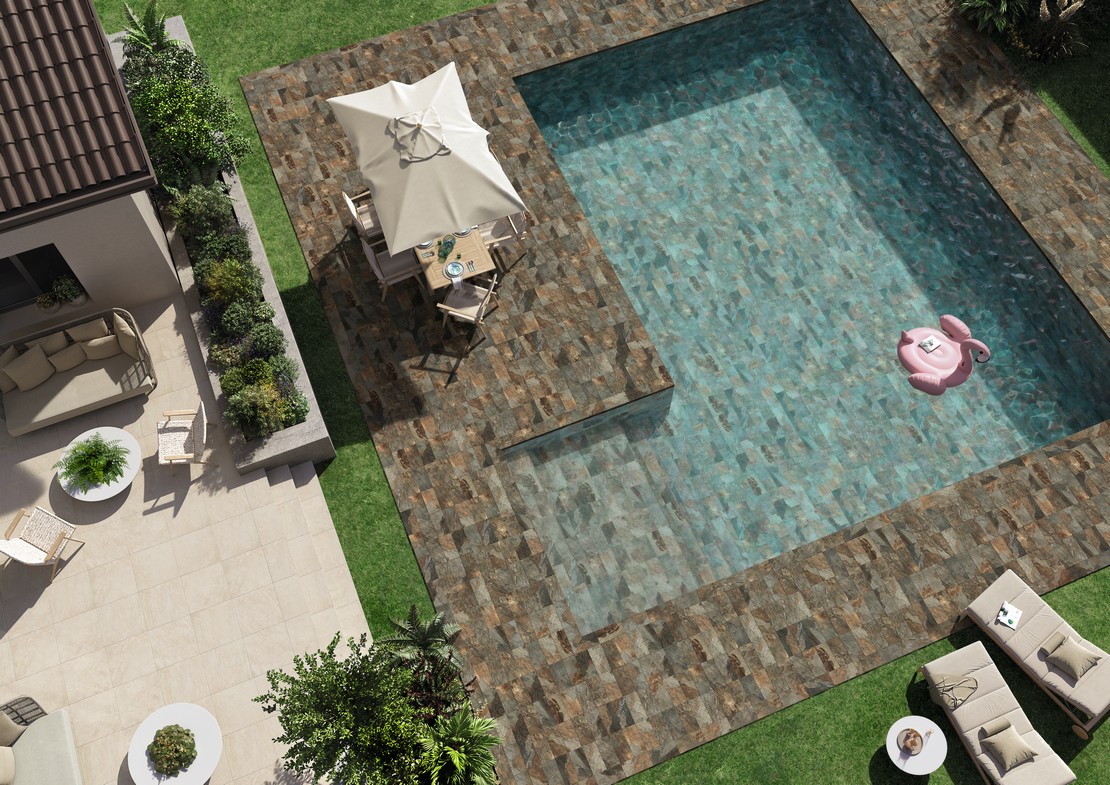 Giardino moderno con terrazzo e piscina, pavimento effetto pietra - Ambienti Iperceramica