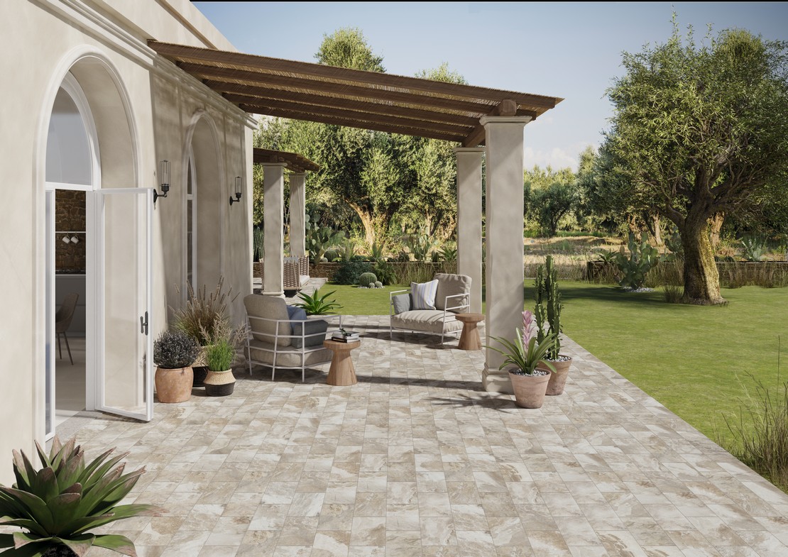 Modern garden with porch, stone-effect flooring