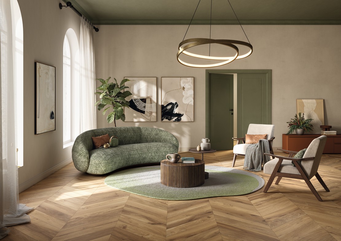 Séjour moderne de luxe avec sol en grès cérame effet bois chevron marron - Inspirations Iperceramica