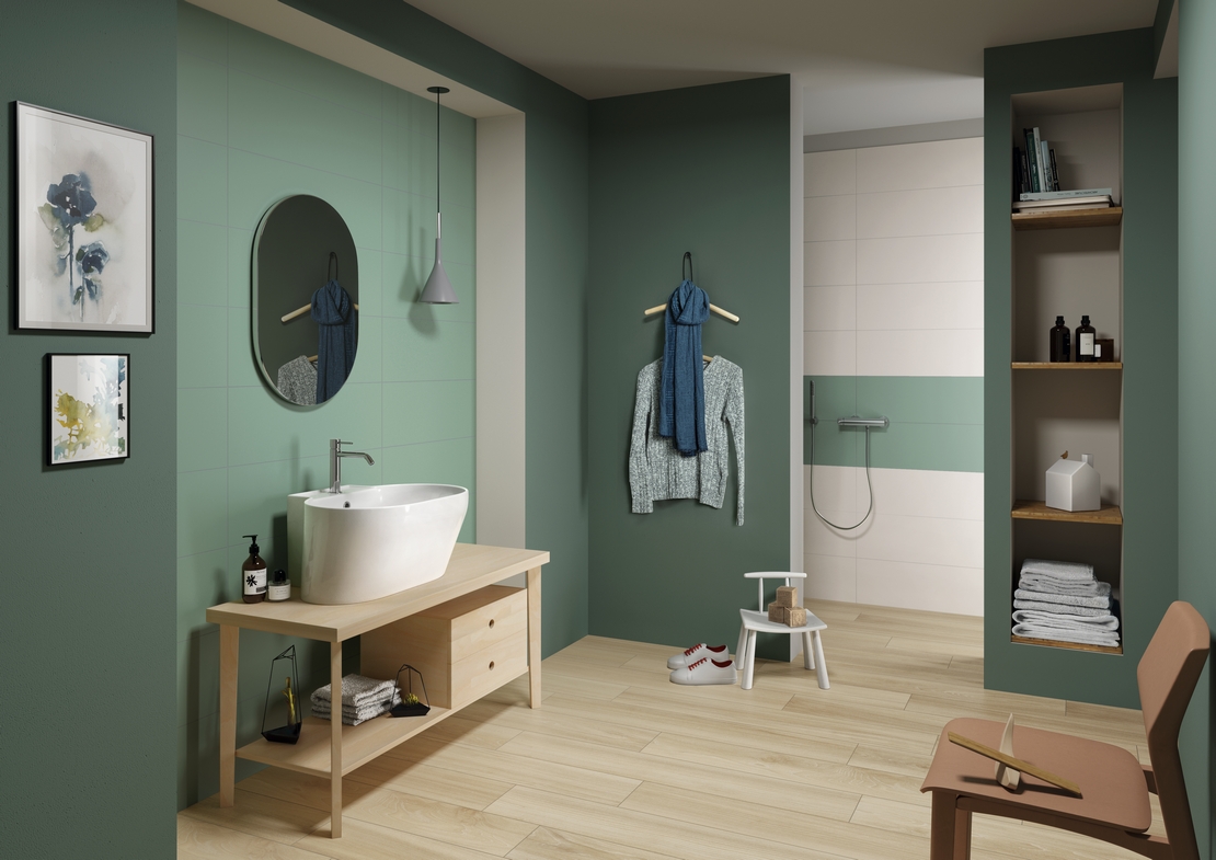 Modernes farbiges Badezimmer mit Dusche. Rosa Fliesen mit geometrischem Dekor und rustikales Holz - Inspirationen Iperceramica