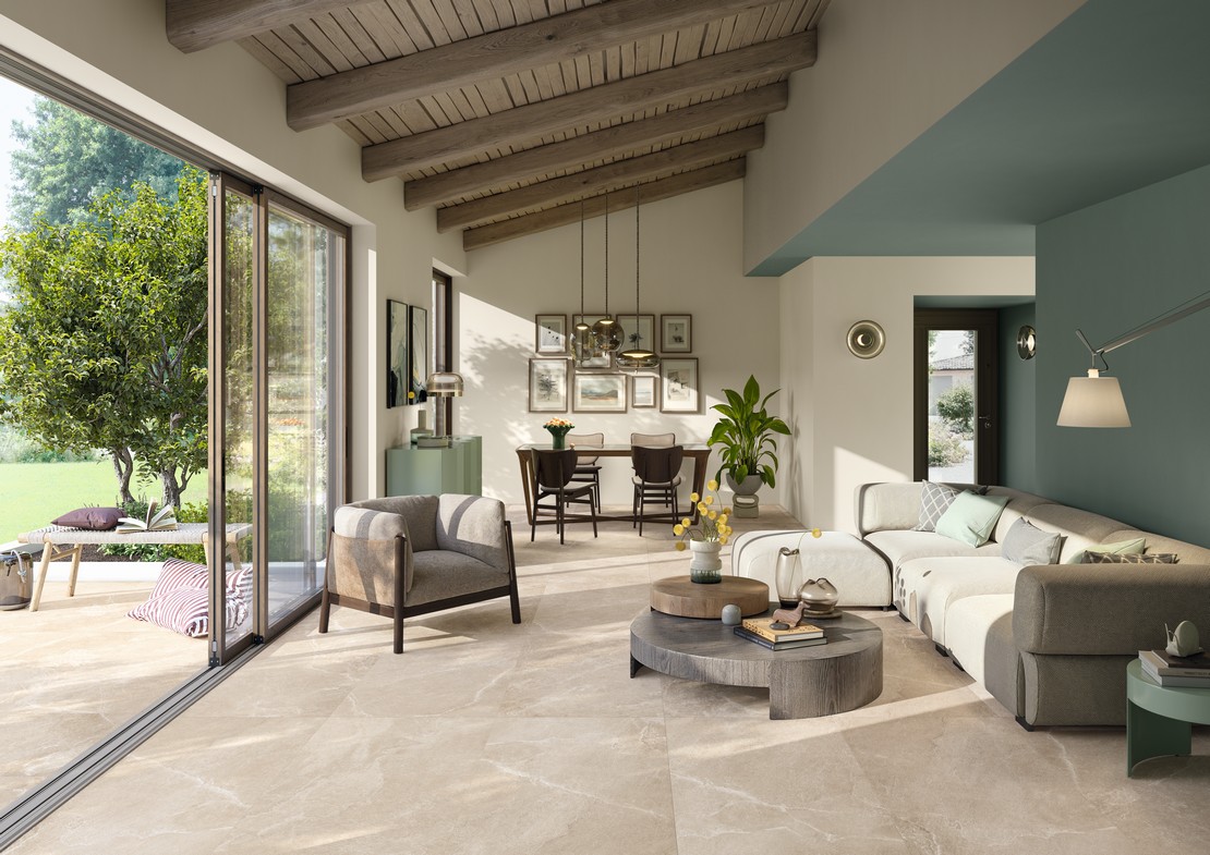 Modernes Wohnzimmer, Boden Schieferoptik Beige - Inspirationen Iperceramica