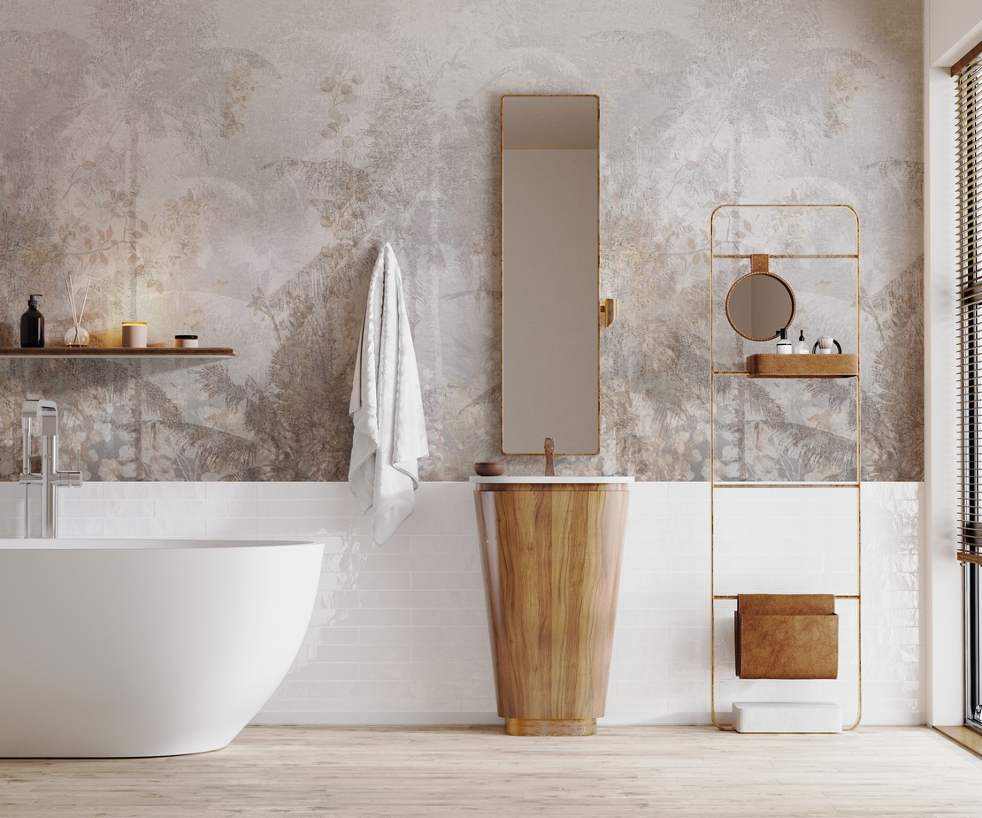 Bagno moderno stile minimal con carta da parati e vasca  - Ambienti Iperceramica