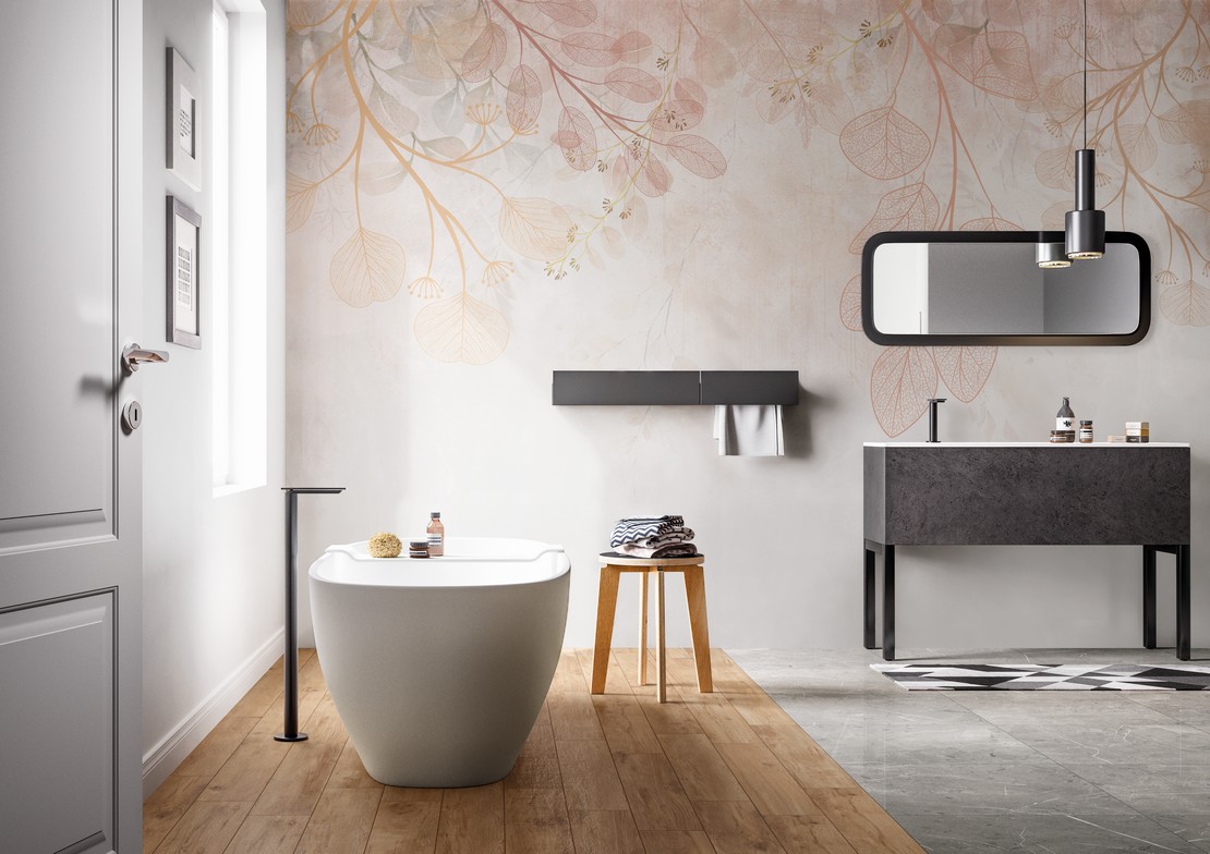 Modern and luxurious bathroom with bathtub, wood and stone effect flooring and wallpaper. 