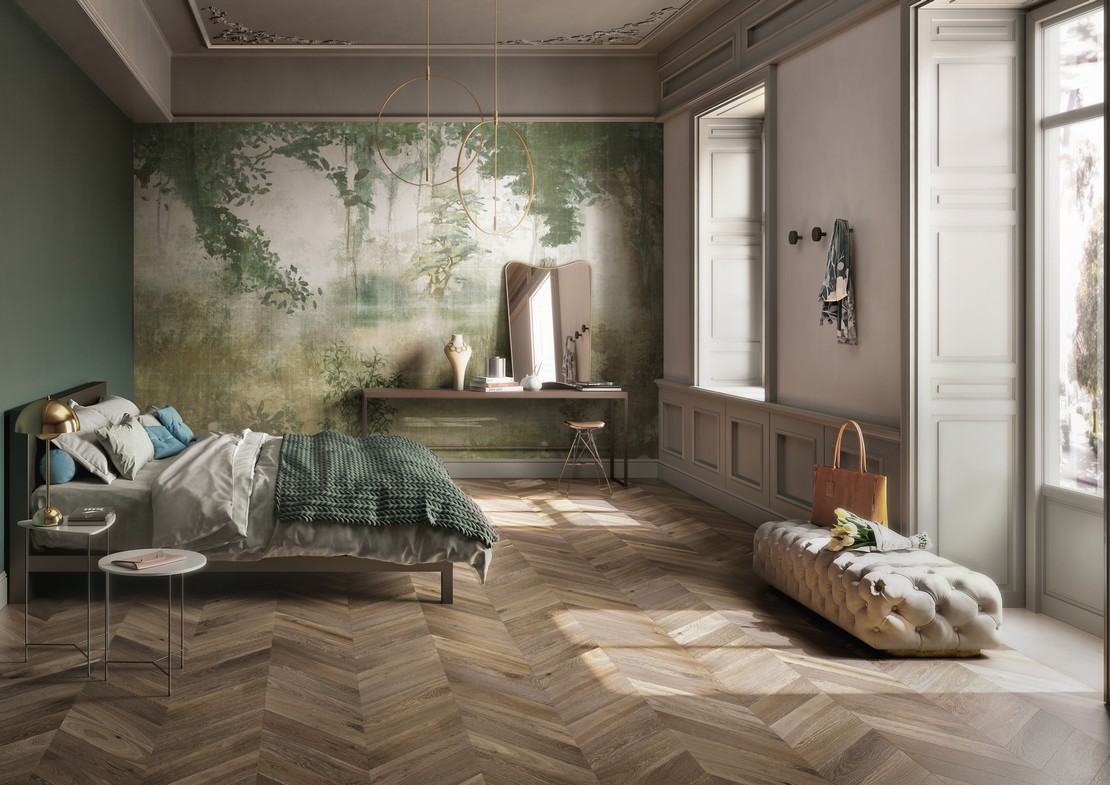 Chambre à coucher vintage-rustique avec papier peint et sol parquet marron - Inspirations Iperceramica