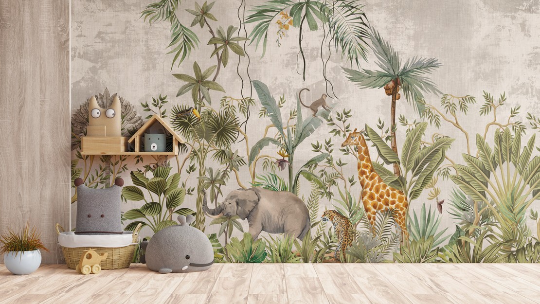 Colorful bedroom with wallpaper cladding.