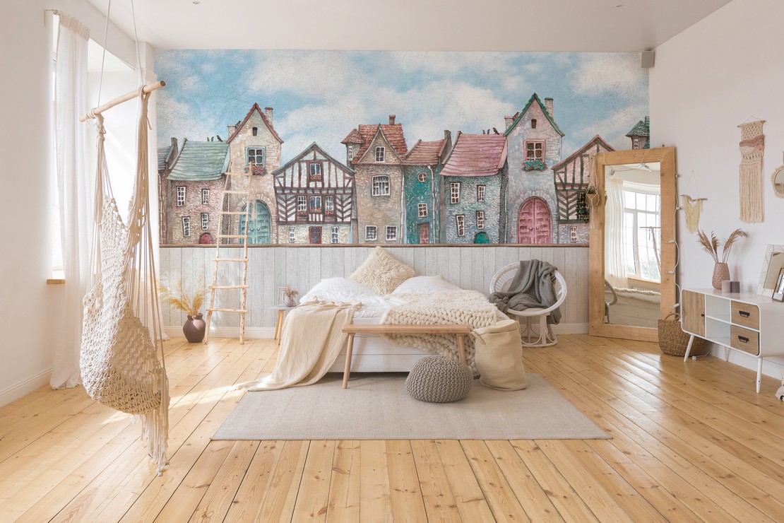 Chambre à coucher moderne au style rustique chic avec papier peint coloré. - Inspirations Iperceramica