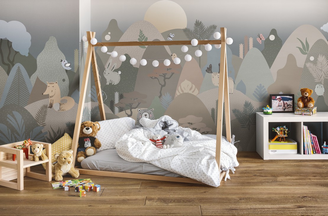 Chambre à coucher moderne style rustique avec papier peint - Inspirations Iperceramica