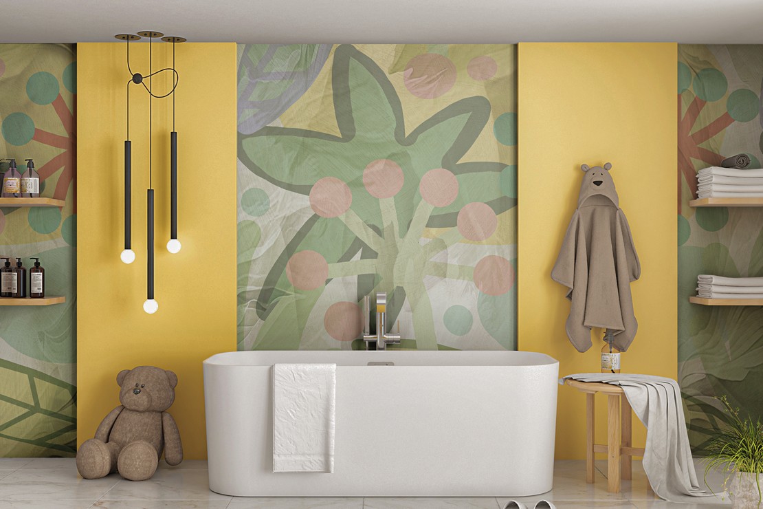 Modern and colorful bathroom with bathtub and wallpaper.