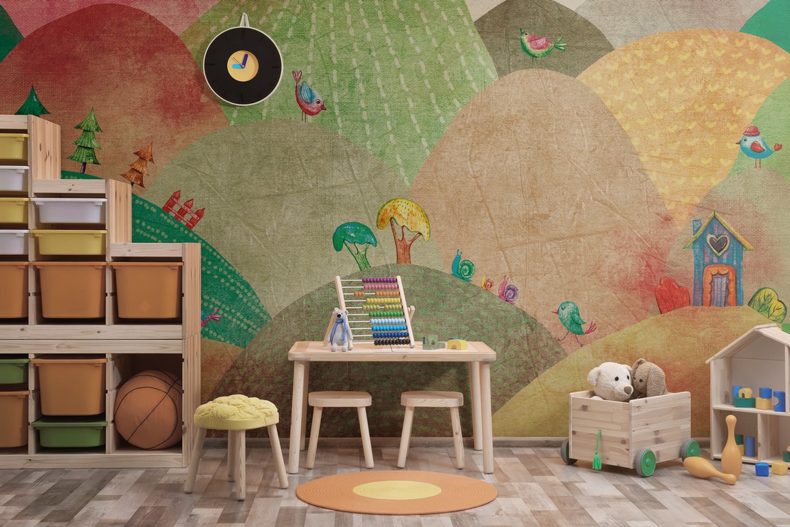 Classic and colorful bedroom with wallpaper wall covering.